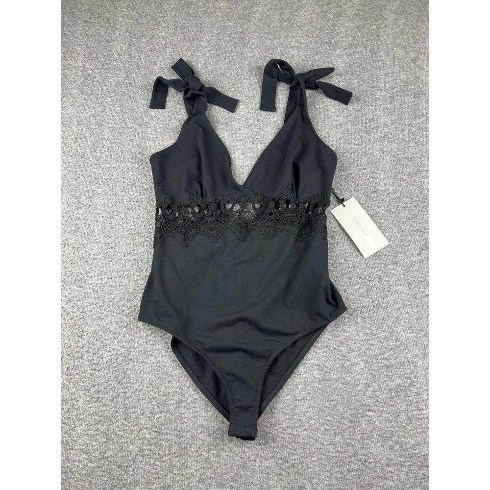 Bershka Women's Black One-Piece Swimsuit with Lace Detail Size Large